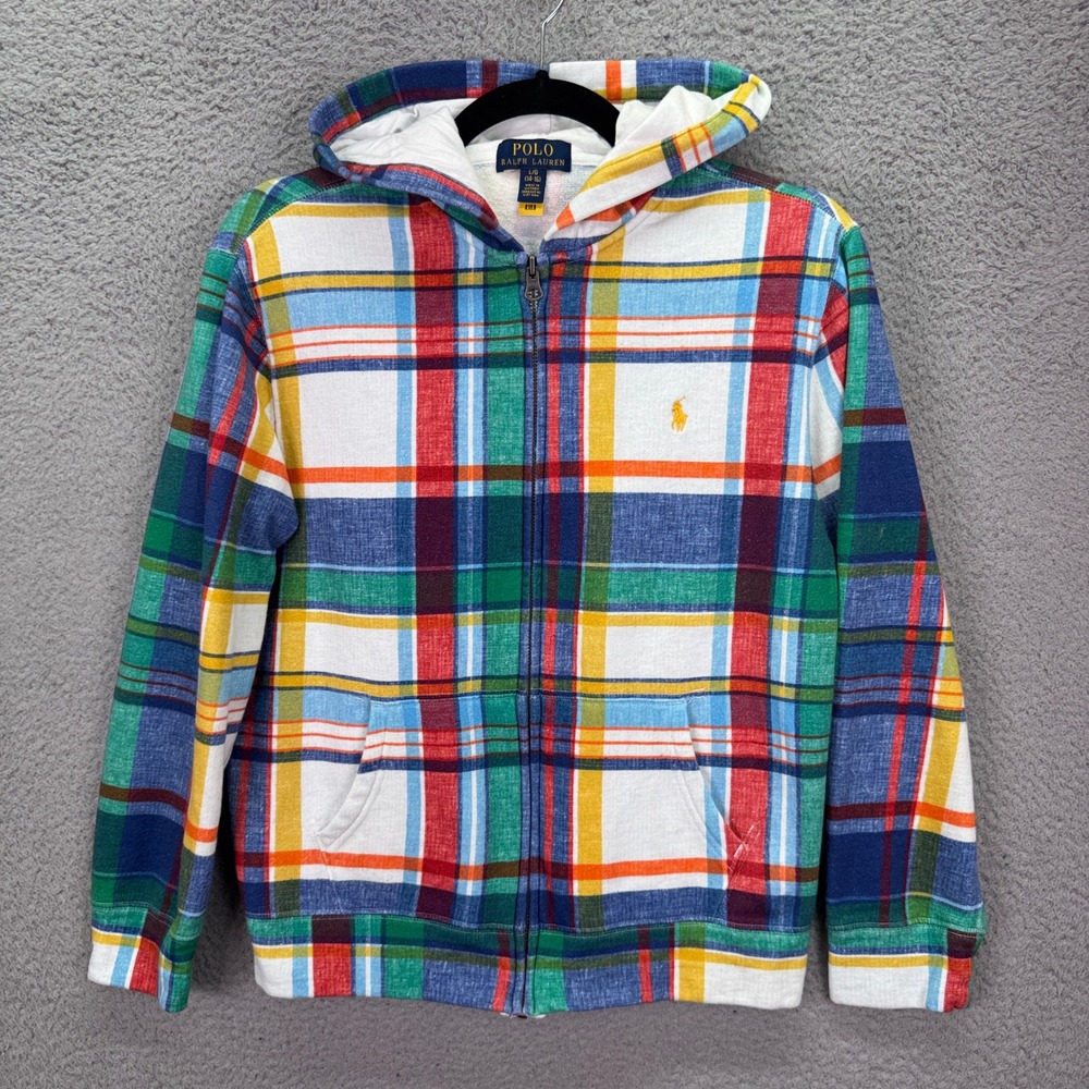 Polo Ralph Lauren Hoodie Girls L Multi Plaid Full Zip Fleece 14-16 Preppy School